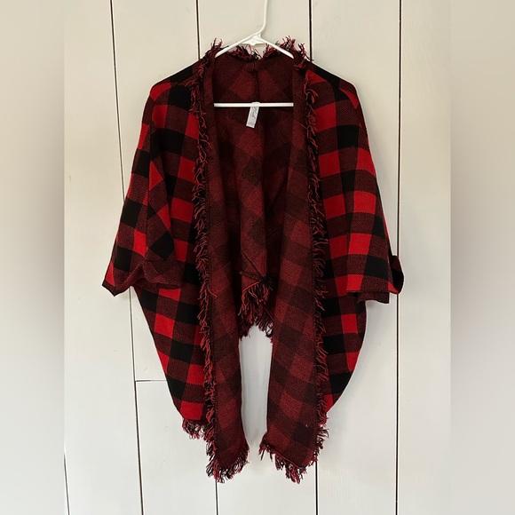 Plush Jackets & Blazers - Plush Fringe Jacket Poncho in Buffalo Check Plaid OS Tartan Cape Jacket